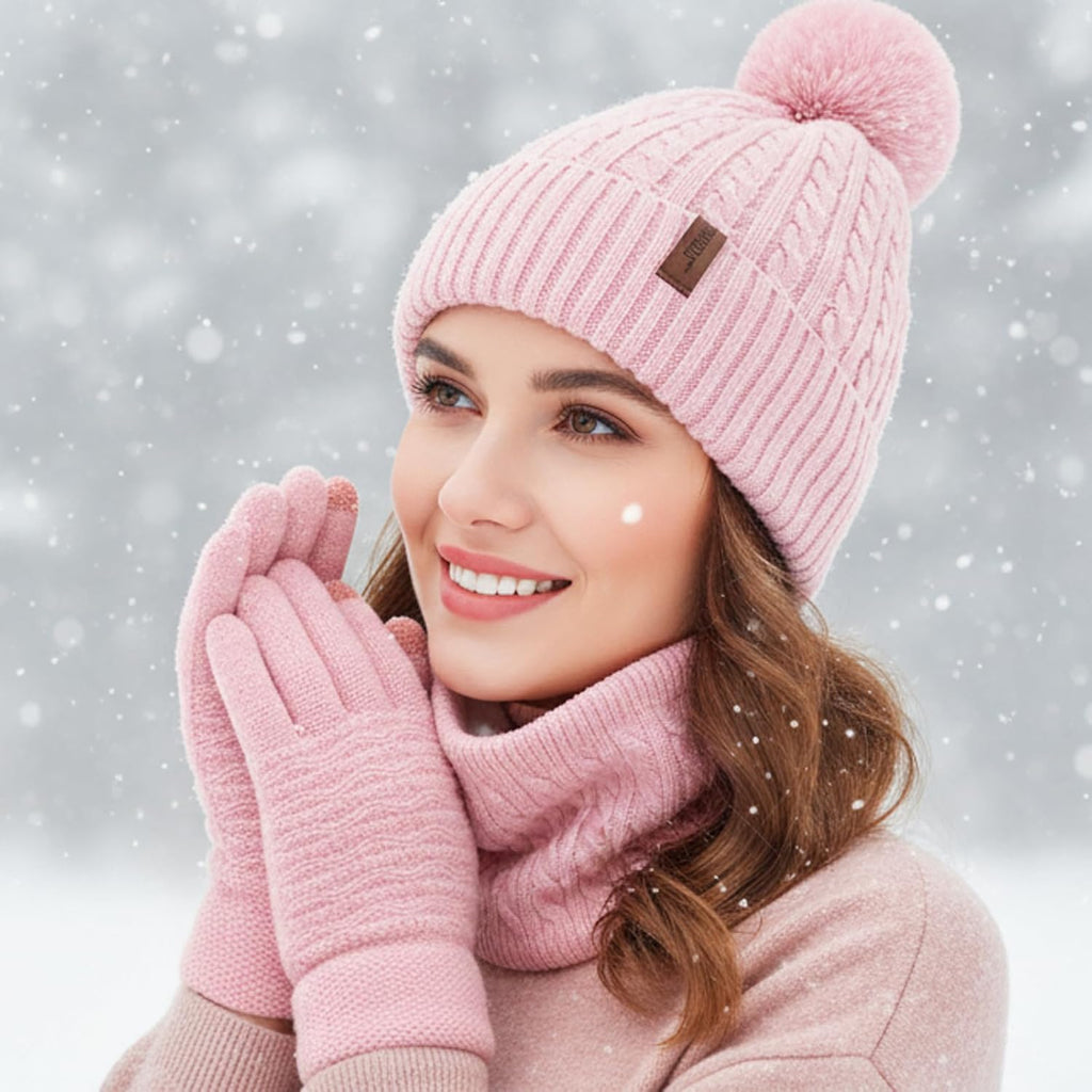 3Pcs Winter Women Beanie Hat Scarf and Touch Screen Gloves Sets Girls Classic Knit Warm Chunky Fleece Lined Cable Cap
